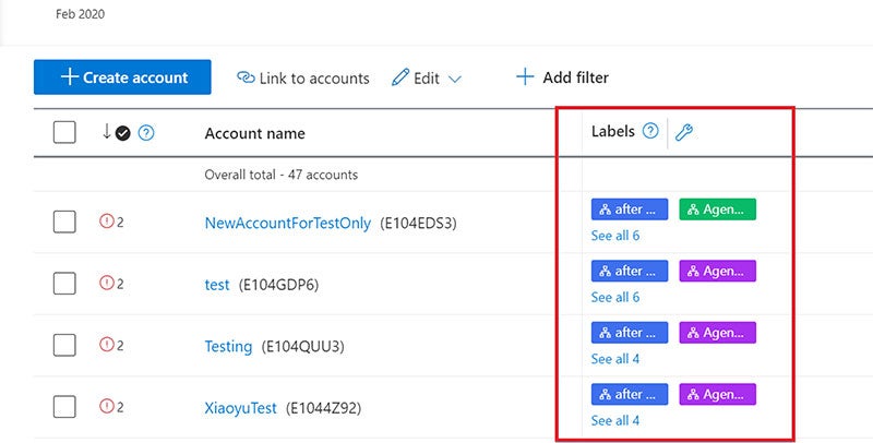 Product view of the new account labels column feature after being added to your account grid view.