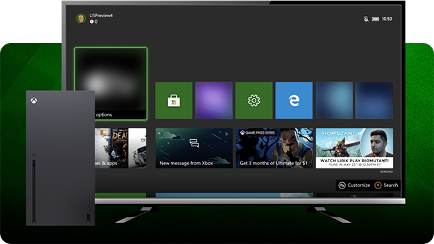 Xbox Series X console positioned in front of a large TV screen displaying the Xbox home interface with green, blue, and purple tiles, game thumbnails, and navigation options against a green gradient background.