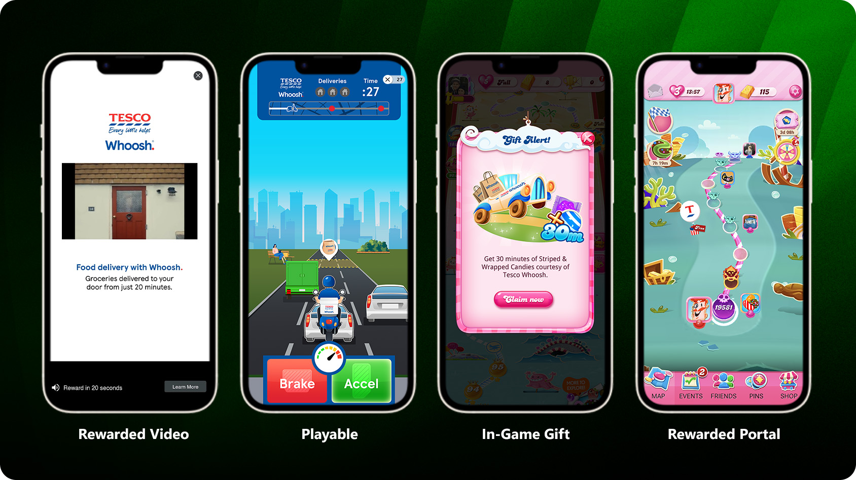 Tesco activated in Candy Crush Saga through four distinct and rewarded ad formats: Rewarded Video, a custom Playable, a sponsored In-Game Gift, and the new Rewarded Portal.