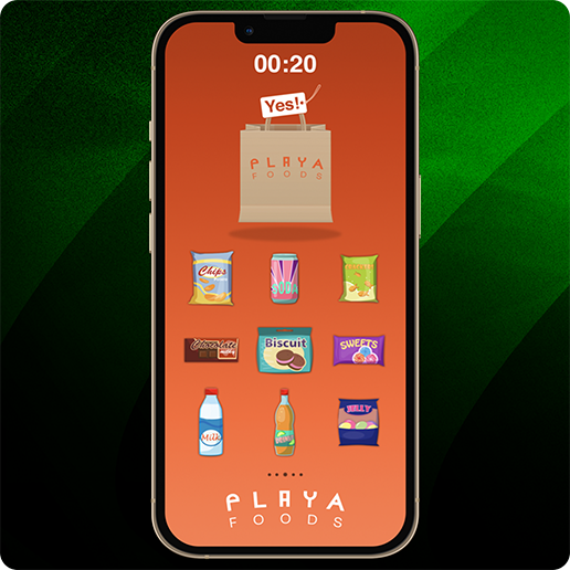 Smartphone displaying a game interface with an orange background, featuring a paper shopping bag labeled “PLAYA FOODS” at the top and a timer showing 00:20. Below the bag are illustrated snack items including chips, soda, biscuits, sweets, chocolate, and bottled drinks, arranged in a grid. 