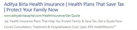 Example of an Aditya Birla Health Insurance search ad.