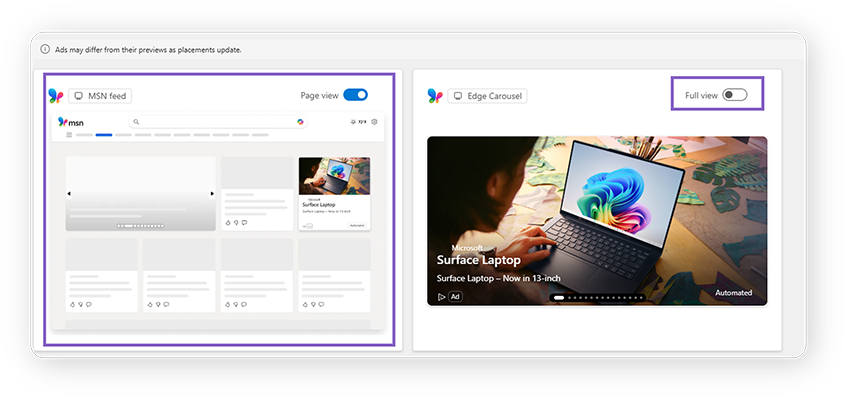 Ad preview hub interface showing full page view versus isolated ad view.