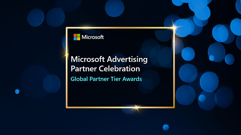 The words Microsoft Advertising Partner Celebration – Global Partner Tier Awards over a blue background.