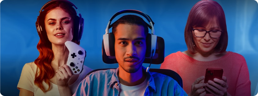 Three people representing different player types: one holding a controller, one wearing a gaming headset at a keyboard, and one using a phone.