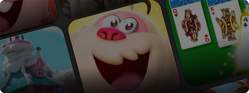 Dark, cropped collage featuring three main elements: a Candy Crush Yeti character in the center, a Solitaire game with playing cards on the right, and a pastel candy-themed building on the left. The background uses a muted gradient with diagonal framing.