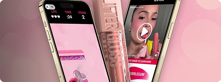 Smartphone screens displaying Maybelline Lifter Gloss in-game campaign with the product centered between them
