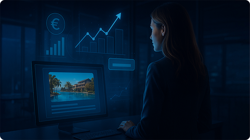 Marketer reviewing travel campaign performance on a digital dashboard showing revenue growth charts and a resort booking visual.
