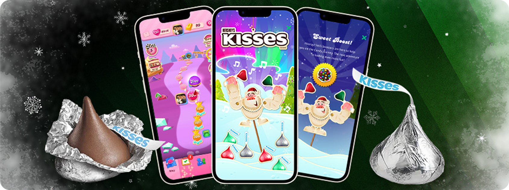 Hershey’s Holiday Bells campaign appears in Candy Crush Saga through immersive, rewarded ad formats, each designed to celebrate the season and encourage player interaction.